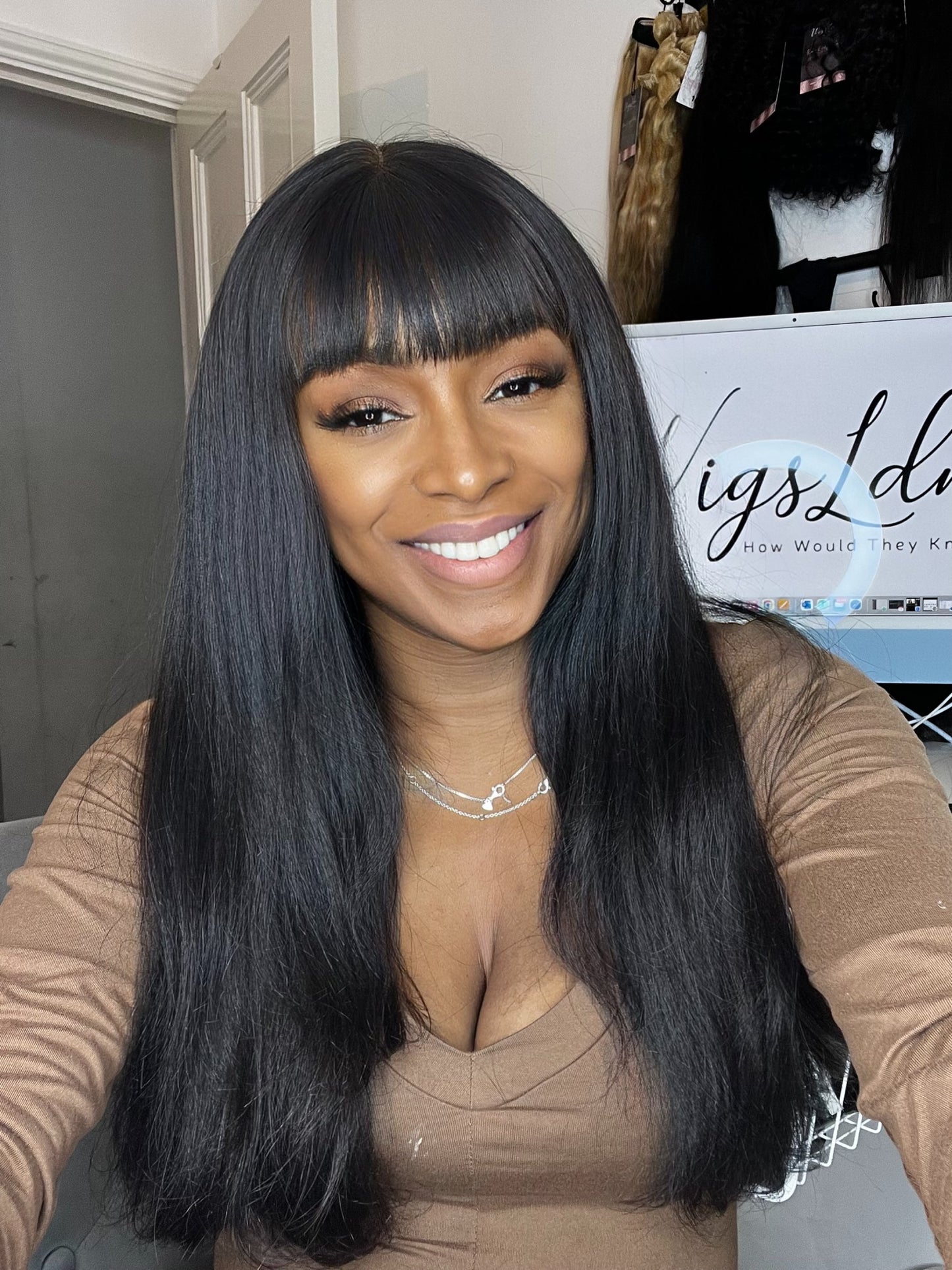 Full Fringe Bang Raw Human Hair Wig 10”-30” Glueless Wig Natural 1b Colour