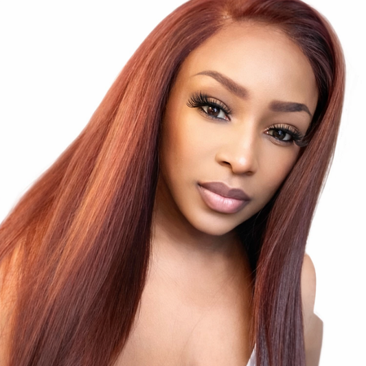 13x4 HD lace wig UK, straight human hair wig, raw hair wig UK, HD lace frontal wig, glueless wig UK, natural looking wig, reddish brown wig, luxury wigs UK