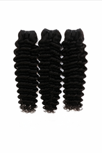 Load image into Gallery viewer, Three Virgin Deep Curl hair bundles displayed side-by-side on a white background, showing defined deep curl pattern, full ends and natural shine – Wigs LDN deep curl bundle deal