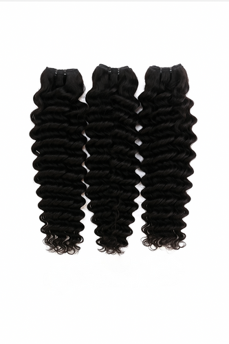 Three Virgin Deep Curl hair bundles displayed side-by-side on a white background, showing defined deep curl pattern, full ends and natural shine – Wigs LDN deep curl bundle deal