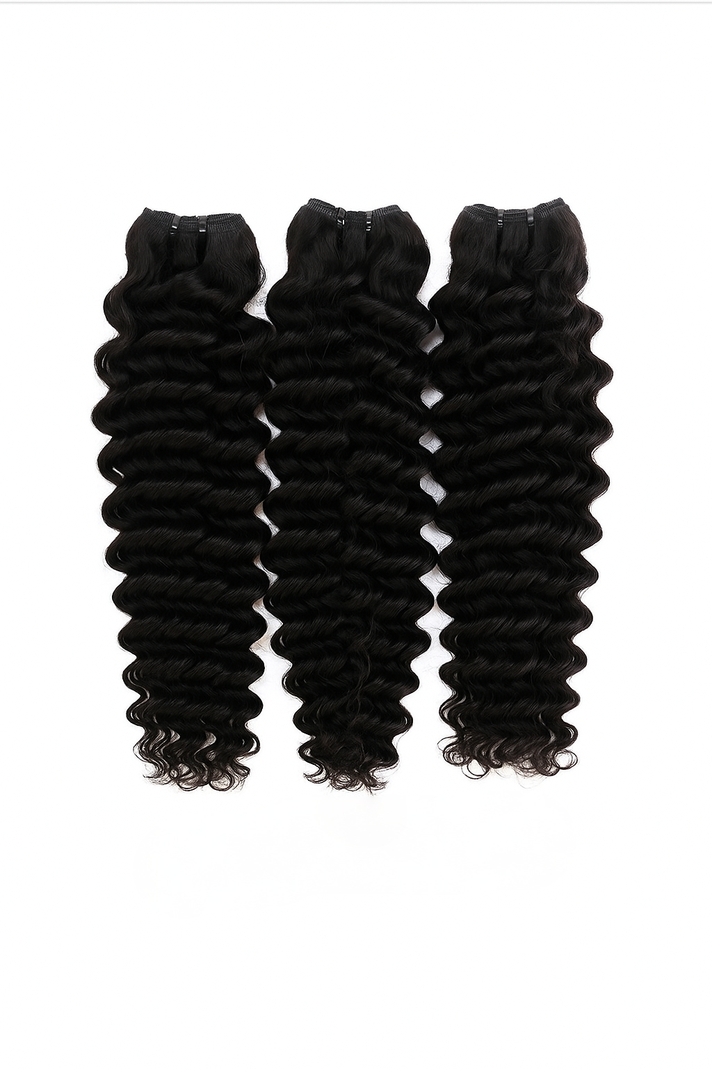 Three Virgin Deep Curl hair bundles displayed side-by-side on a white background, showing defined deep curl pattern, full ends and natural shine – Wigs LDN deep curl bundle deal