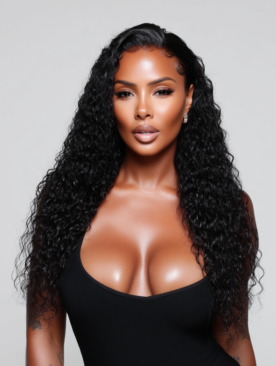 Deep curl texture lace wig on a model, featuring long defined curls, high-definition hairline, natural shine and realistic melt, shown against a clean studio background – Wigs LDN deep curl wig