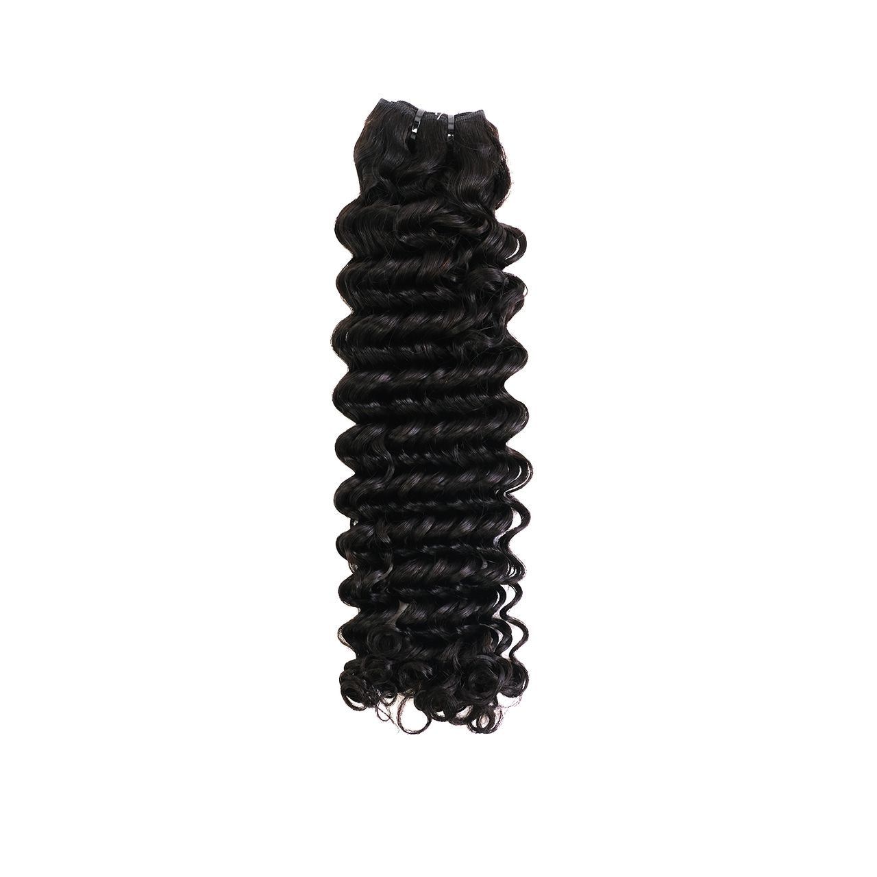 Single Virgin Deep Curl hair bundle on a white background, showing tight defined curls, full ends and natural shine – Wigs LDN deep curl bundle