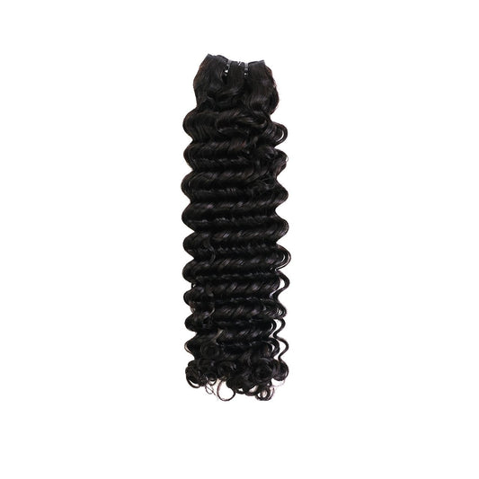 Single Virgin Deep Curl hair bundle on a white background, showing tight defined curls, full ends and natural shine – Wigs LDN deep curl bundle