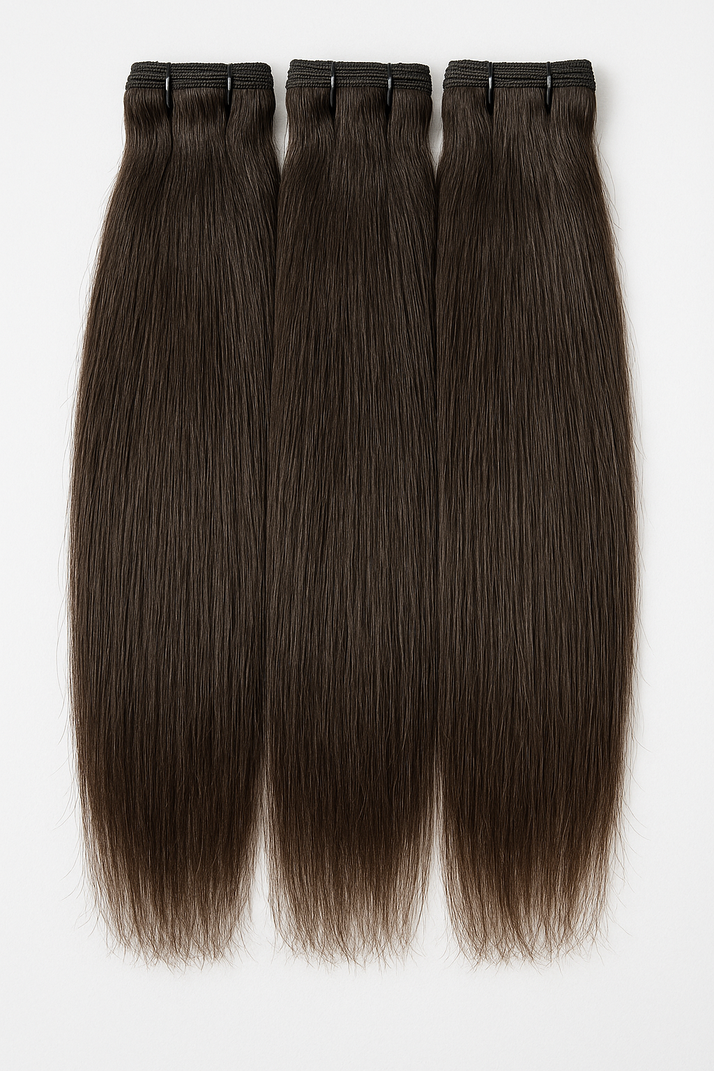 Three bundles of double drawn raw straight human hair extensions with sewn weft, natural dark brown colour, photographed on a white background
