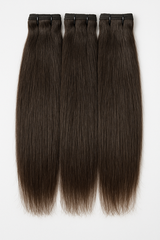 Three bundles of double drawn raw straight human hair extensions with sewn weft, natural dark brown colour, photographed on a white background