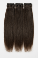Load image into Gallery viewer, Three bundles of double drawn raw straight human hair extensions with sewn weft, natural dark brown colour, photographed on a white background