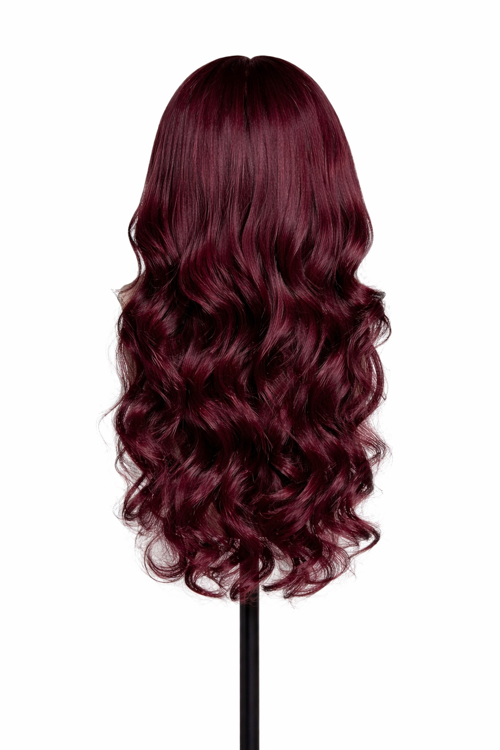Back view of burgundy red wine wavy human hair wig showing full density and length on mannequin, professional white studio product image