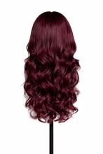 Load image into Gallery viewer, Back view of burgundy red wine wavy human hair wig showing full density and length on mannequin, professional white studio product image