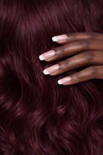 Load image into Gallery viewer, Luxury burgundy red wine human hair wig texture close-up showing silky movement, rich colour depth and premium finish