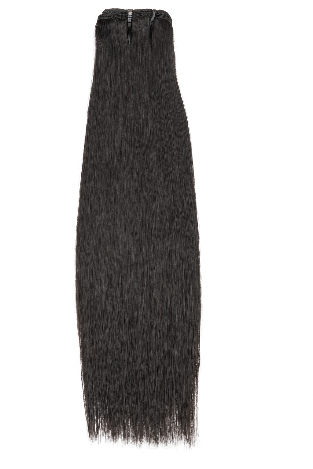 Single bundle of double drawn raw straight human hair extensions with sewn weft, natural dark brown colour, photographed on a white background