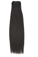 Load image into Gallery viewer, Single bundle of double drawn raw straight human hair extensions with sewn weft, natural dark brown colour, photographed on a white background